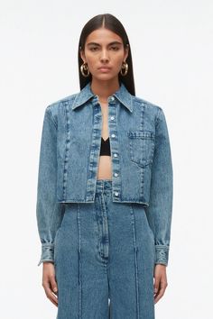 Denim Cropped Shirt with Shoulder Pads – 3.1 Phillip Lim Denim Shirt Jacket, Bracelet Sleeve, Cotton Bracelet, Oversized Collar, Perfect Pant, Cropped Shirt, Women Trends, Short Jacket, Cropped Denim