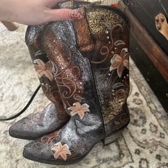 Size 9. 12 Inches Height, 14 Inch Calf Circumference Embellished Festival Boots With Round Toe, Festival Embellished Boots With Round Toe, Leather Boots With Bling And Round Toe, Leather Bling Boots With Round Toe, Bling Leather Boots With Round Toe, Western Boot, Western Boots, Shoes Heels Boots, Shoes Women Heels