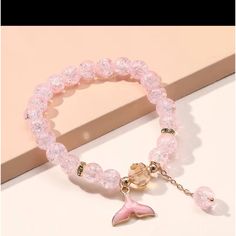 Pink Crackled Glass Bead Bracelet With Dolphin Fin Charm Crackle Beads Bracelet, Dolphin Fin, Silver Pearl Bracelet, Crystal Cuff Bracelet, Plastic Bangles, Glass Bead Bracelet, Sterling Silver Bead Bracelet, Rose Bracelet, Wooden Bracelet