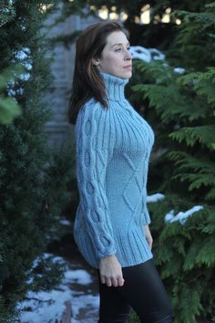 Women's sweater cable knit turtleneck blue swaeter | Etsy Long Sleeve Cable Knit Turtleneck, Cable Knit Long Sleeve Turtleneck, Winter Fitted Chunky Knit Turtleneck, Fitted Chunky Knit Turtleneck For Winter, Cozy Cable Knit Turtleneck, Blue Funnel Neck Winter Sweater, Fitted Funnel Neck Knitted Sweater, Fitted Cable Knit Turtleneck, Fitted Knitted Sweater With Funnel Neck