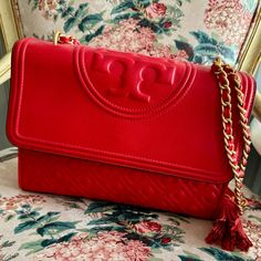 Maybe Used Once. Beautiful Bright Red Color! Definitely A Statement Piece Quilted Shoulder Bag, Tory Burch Bags, Tory Burch Bag, Bright Red, Red Color, Statement Pieces, Tory Burch, Shoulder Bags, Bag Lady