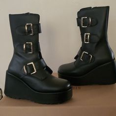 Nwt In Box Never Worn. 3 Functional Buckles. Side Zip For Easy On And Off. Ridged Soles. Lightly Padded Insole For Comfort. Genuine Leather. 7.5. Measurements In Photos. Please Message With Any Questions. No Refunds. Everything In My Closet Is From A Smoke And Pet Free Home. Gothic Leather Boots With Chunky Platform, Gothic Leather Platform Boots With Round Toe, Alternative Style Leather Platform Boots With Metal Feet, Alternative High Heel Leather Platform Boots, Alternative Style Leather Platform Boots With High Heel, Alternative Style Platform Boots With Buckle And Round Toe, Alternative Style Leather High Heel Platform Boots, Alternative Style Platform Boots With Buckle Closure, Alternative Style Leather Platform Boots