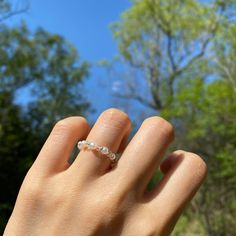 White Pearl Ring With Round Beads For Wedding, White Beaded Pearl Ring, White Pearl Rings With Round Beads, Adjustable Beaded Pearl Ring, Dainty Pearl Ring With Beaded Detail, Dainty Pearl Beaded Ring, Adjustable Hypoallergenic White Pearl Ring, Beaded Rings, Crystal Pearls