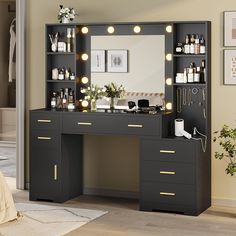 a vanity with lights on it in a room