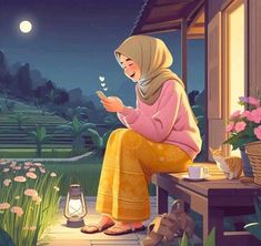 a woman sitting on a bench looking at her cell phone in front of the moon