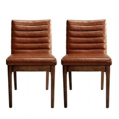 two brown leather chairs sitting next to each other