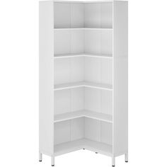 the corner shelf is white and has four shelves on each side, with one section open