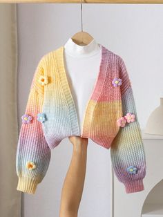 Handmade Rainbow Flower Decor Knit Cardigan For Girls, Cute Cropped Lantern Sleeve Sweater Multicolor   Long Sleeve Wool Ombre,Plants  Non-Stretch  Tween Girls Clothing, size features are:Bust: ,Length: ,Sleeve Length: Crochet Cardigan With Flowers, Clothes Sweaters & Cardigans, Lulu Core, Cute Pastel Clothes, Rainbow Clothes, Cardigan Handmade, Bright Sweater, Knit Inspiration, Lantern Sleeve Sweater