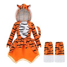 an orange tiger outfit with white fur on the ears and tail is next to it's matching booties