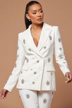 Verona Embellished Jacket - White | Fashion Nova, Luxe | Fashion Nova Embellished Blazer, Tuxedo Women, Party Jackets, Embellished Jacket, Pantsuits For Women, African Print Fashion, White Jacket, Luxe Fashion, Leather Blazer