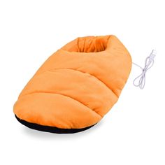 an orange sleeping bag on a white background with cord plugged into the back end