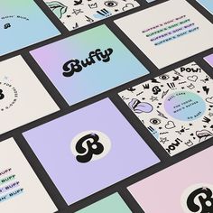 many different business cards with the word buffy written on them in black and white