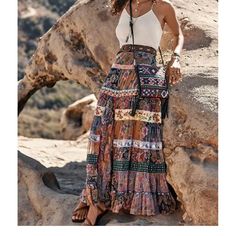 A Gorgeous Boho Must Have ! I Love The Earthy Colors Boho Print Long Skirt For Vacation, Bohemian Fitted Maxi Skirt For Vacation, Fitted Bohemian Maxi Skirt For Vacation, Boho Print Tiered Maxi Skirt For Vacation, Vacation Tiered Maxi Skirt With Boho Print, Vacation Boho Print Tiered Maxi Skirt, Bohemian Long Skirt For Vacation, Tiered Boho Print Maxi Skirt For Vacation, Summer Boho Print Flowy Maxi Skirt