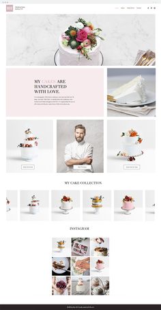 the website design for cake shop is shown in white and pink colors, with an image of