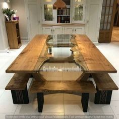 a wooden table with two benches in front of it