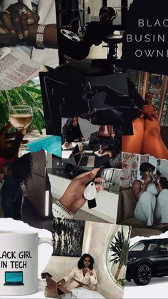 a collage of black women and coffee mugs with images of people in the background