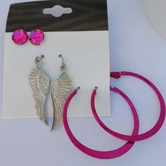 Lot Of 3 Earrings -Pink Studs -Silver Angel Wings -Pink Hoops J1 Mcbling Earrings, Gyaru Earrings, 3 Earrings, Vintage Gold Earrings, Boho Hoop Earrings, Butterfly Earrings Gold, Dream Fashion, Moon And Star Earrings, Pink Studs