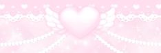 a pink background with hearts and angel wings on the top right corner is a white lace border