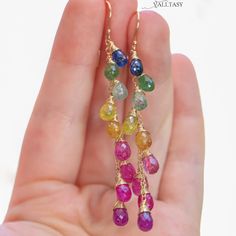 Multi Sapphire Earrings Rainbow Sapphire Drop Earrings Rainbow Gemstone Earrings Multi Stone Earrings Colorful Drop Earrings SOLID GOLD 14K (53059 - 8) Multicolor Gemstone Long Drop Earrings, Multicolor Long Drop Gemstone Earrings, Gold Briolette Fusion Earrings, Rainbow Sterling Silver Jewelry, Rainbow Sterling Silver Jewelry For Pierced Ears, Rainbow Sterling Silver Jewelry With Ear Wire, Multicolor Multi-stone Briolette Earrings, Multicolor Briolette Multi-stone Earrings, Elegant Rainbow Dangle Jewelry