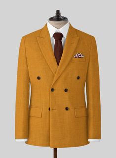 Pursue iconic prestige in modern fashion with our Naples Mimosa Yellow Tweed Double Breasted Suit. Next, our double breasted suit is crafted from pure wool fabric to lift an elegant spirit that favors clean, plush and graciously smooth textures that highlights the solid finish over the vibrant yellow hue. Finally, brew a nostalgic blend of glamour and composure, which imparts a fine distinction of tailoring inspired to provide a lively essence to the stylish character while appearing at exclusiv Luxury Fall Suits With Suit Collar, Luxury Suits With Suit Collar For Fall, Elegant Tweed Suit With Lapel Collar, Formal Tweed Blazer With Suit Collar, Luxury Fall Suits With Notch Lapel, Formal Tweed Suit With Suit Collar, Fall Semi-formal Double-breasted Suit, Tailored Double-breasted Suit, Tailored Double-breasted Three-piece Suit