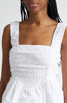 A smocked bodice brings abundant texture to this light and airy cotton poplin top. 22" length (size 38 EU) Square neck Sleeveless 100% organic cotton Machine wash, dry flat Imported This brand has B Corp certification, representing business practices with emphasis on social and environmental performance, accountability and transparency Chic Cotton Smocked Dress For Summer, Chic Sleeveless Cotton Smocked Dress, Spring Cotton Smocked Dress With Gathered Waist, Chic Cotton Smocked Dress For Daywear, Summer Smocked Ruched Cotton Dress, Spring Cotton Smocked Dress With Ruched Detail, Spring Cotton Smocked Ruched Dress, Chic Cotton Smocked Dress With Gathered Waist, Cotton Smocked Top For Spring Daywear