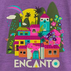 an image of a poster with the words encanto in front of some buildings