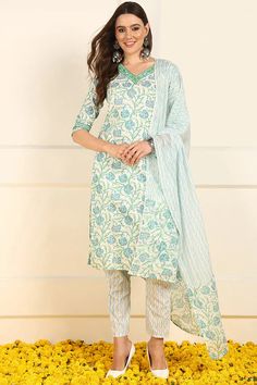 White & Blue Cotton Floral Print Straight Shape Suit Set with Dupatta Festive Summer Sets With 3/4 Sleeve, Cotton V-neck Sets For Diwali, Diwali Cotton V-neck Sets, Cotton V-neck Set For Eid, Diwali Floral Print Sets With Straight Kurta, Summer Anarkali Floral Print Sets, Summer Anarkali Set With Floral Print, Spring Straight Kurta Sets With Printed Motifs, Floral Print Straight Kurta Pant Set For Eid