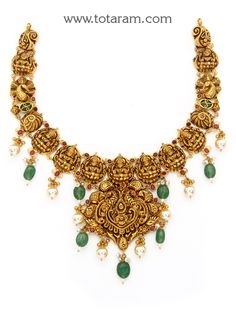 22k gold "lakshmi - peacock" necklace with color stones, pearls , beads & culture pearls  (temple jewellery)
   culture pearls weight : 19.65 ct - 235-GN5526 - in 43.550 Grams for USD $4,084.06 USD. 
Made in India by Totaram Jewelers Online this product is in Gold - 22 Karat BIS Hallmark 916 Gold  & is an excellent gift for Adult - Women. Ships fully insured with secured guaranteed delivery for free with your order over $250 from New Jersey USA & comes with 30 days exchange policy. 22k Gold Necklace, Temple Jewelry Necklace, Gold Temple Jewellery, Peacock Necklace, Bridal Jewellery Design, Gold Chain Design, Gold Pendant Jewelry, Blouse Neck, Color Stones