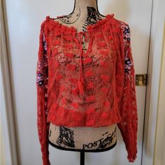 Brand New - Never Worn Red Lace Tops For Spring, Red Lace Blouse For Spring, Red Lace Long Sleeve Top, Floral Tunic Tops, White Halter Maxi Dress, Floral Tunic, Top Floral, Floral Color, Maxi Gowns