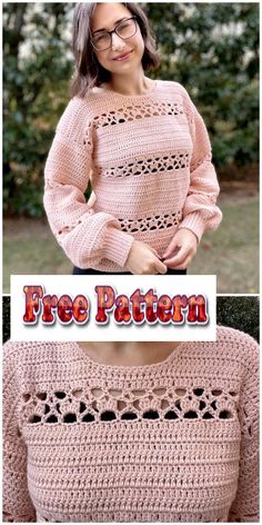 a woman wearing a pink sweater with crochet on it and the text, free pattern