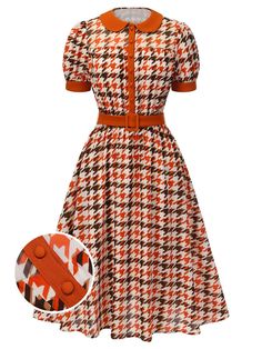 Orange 1940s Houndstooth Doll Collar Dress | Retro Stage Doll Collar Dress, Retro Stage, Doll Collar, Standard Dress, 1960's Dress, 1940s Dresses, Vestidos Vintage, Houndstooth Pattern, Plus Size Shopping