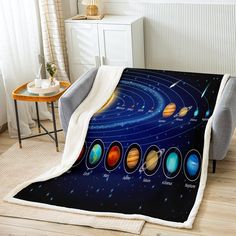 the solar system blanket is on display in a living room