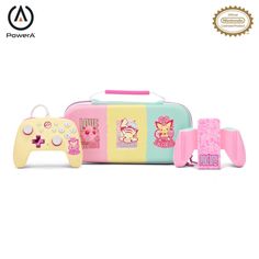 a pink and blue case with two game controllers