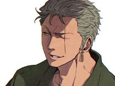 an anime character with grey hair and earrings on his head looking at the camera while wearing a green shirt