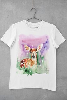 Doe T-shirt, Print T-Shirt, Watercolor Print T shirt, 100% organic cotton ring spun t-shirt, Original Art Print T-Shirt, Unisex T-shirt. The Artwork All of the designs are original watercolor artworks by Nistor Hainov - a Bulgarian artist and art teacher. The T-Shirts The T-shirts are made of certified 100% organic ring-spun combed cotton 180g/sm, medium fit, set-in sleeve, ribbed neck collar, inside back neck tape in self fabric, sleeve hem and bottom hem with wide double needle topstitch. The Cheap Short Sleeve T-shirt With Watercolor Print, Spring Relaxed Fit T-shirt With Watercolor Print, Casual White T-shirt With Watercolor Print, White Relaxed Fit T-shirt With Watercolor Print, Casual White T-shirt With Unicorn Print, Art Teacher, Watercolor Artwork, Unisex Fashion, Watercolor Print