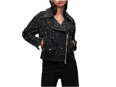 AllSaints Eve Studded Denim Jacket - Women's Vest : Washed Black : Get that smart and contemporary look donning the AllSaints Eve Studded Denim Jacket. This jacket is designed with large lapel collar and long sleeves with zippered cuffs. It is embellished with allover studded detailing for a cool and bold look. Relaxed fit. Zippered closure. Crop-length silhouette. Two zippered pockets on the side. One patch pocket on the right side with button detailing. Straight hemline. 100% cotton. Dry-clean Studded Denim Jacket, Studded Denim, Denim Jacket Women, Women's Vest, All Saints, Lapel Collar, Product Reviews, Womens Vest, Right Side