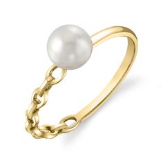 Akoya Pearl Daphne Ring Timeless Gold Pearl Ring, Elegant Pearl Rings With Pearl Chain, Classic Yellow Gold Pearl Ring With Charm, Classic Yellow Gold Ring With Pearl Charm, Anniversary Yellow Gold Pearl Ring With Charm, Classic Yellow Gold Rings With Pearl Charm, 14k Yellow Gold Rings With Pearl Charm, Gold Pearl Drop Ring In Classic Style, Elegant Round Pearl Ring With Pearl Chain