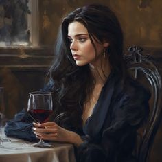 a painting of a woman sitting at a table with a glass of wine in her hand