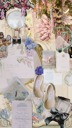 a collage of wedding items including shoes, cards and envelopes with flowers on them