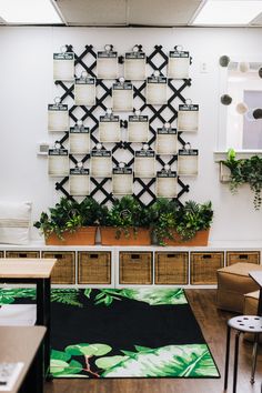 a room with plants and baskets on the wall