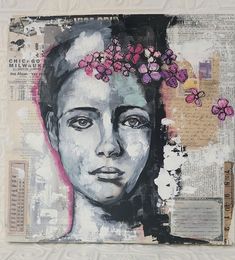 a piece of art that has been altered to look like a woman with flowers in her hair