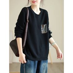 Sku CY-!123786 Material Cotton Style Simple Feature Knit Neckline Round Occasion Casual, Vintage Seasons Autumn, Winter Type Sweater Color Multi-color Size One Size Size Chart: Please consult the size chart we provide for this item's measurements to help you decide which size to buy. Please note: There may be 1-3cm differ due to manual measurement. CM Bust Shoulder Sleeve Waist Hip Thigh Length One size 116 46 53 / / / 66 S / / / / / / / M / / / / / / / L / / / / / / / XL / / / / / / / Black Knit Sweater For Layering, Black Knitted Sweater For Layering, Black Cotton Knit Sweater, Casual Crew Neck Sweater With Patchwork, Oversized Black Patchwork Sweater, Black Patchwork Crew Neck Sweater, Casual Black Sweater For Layering, Black Crew Neck Sweater With Patchwork, Black Long Sleeve Knit Sweater