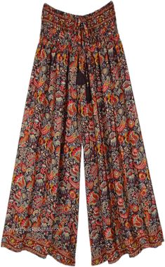 Floral and paisley prints on wide-leg pants which are soft and flowy, and have a smocked waist. The loose-fit wide-leg printed rayon pants have a comfortable waist that will fit a small to a large. #tlb #SplitSkirtsPants #beachwrap #Printed #bohemianfashion #festivalpants Summer Wide-leg Paisley Print Pants, Printed Rayon Wide-leg Pants, Bohemian Rayon Pants With Floral Print, Floral Print Rayon Wide Leg Pants, Floral Print Rayon Wide-leg Pants, Floral Print Rayon Wide Leg Pants For Vacation, Vacation Floral Print Rayon Wide Leg Pants, Vacation Floral Print Wide Leg Rayon Pants, Multicolor Paisley Print Wide Leg Pants