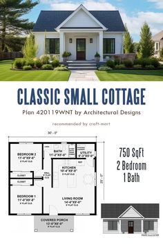 the floor plan for a small cottage with two bedroom and an attached bathroom, is shown in