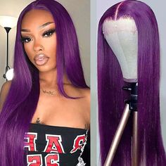 PRICES MAY VARY. 【Hair Details】: 24inch 13x3 Lace Front Wig, dark purple color, pre plucked, natural hairline. 【Hair Feature】: Similar human hair, light weight, soft smooth, easy to knot, heat resistant synthetic fiber hair up to 350°F - 370°F. 【Wigs Cap】Average cap size, from 21" to 23", high quality elastic net. 2 adjustable straps and 3 combs(2 sides &back). 【Use Occasion】:Dressing up to comiccon, cosplay show, halloween, costume party,anime show, cosplay event and daily use and any other occ Dark Purple Wigs, Rainbow Lace Front Wig, Cool Purple Hair, Purple Lace Front, Purple Wigs, Comiccon Cosplay, Hair Details, Wigs Long, Hair Light