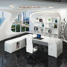 a modern office with black marble flooring and white walls, along with a large window overlooking the city