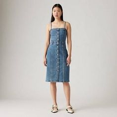 Fitted Midi Corset Dress For Spring, Chic Fitted Denim Dress With Square Neck, Chic Fitted Square Neck Denim Dress, Slim Fit Midi Dress For Summer, Chic Fitted Midi-length Denim Dress, Elegant Buttoned Denim Dress For Spring, Elegant Spring Denim Dress With Buttons, Chic Knee-length Spring Corset Dress, Chic Spring Knee-length Corset Dress