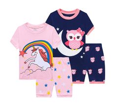 PRICES MAY VARY. Girls Summer Pajamas 4PCS-Benaive girls pajamas sets come in sizes for 2T-12 years old. Perfectly fit for school pajamas day, outdoor play, lounge wear and every good night. And it is a great gift choice for your girls, granddaughters, nieces on Birthday and holidays! 100% Cotton Girls Pajamas Shorts-The kids pajamas are made of 100% natural cotton for super soft, comfortable, breathable and lightweight. No fading and deforming after machine wash.The natural cotton pajamas are g Pink Cotton Sleepover Set, Pink Cartoon Print Loungewear Sets, Cute Matching Loungewear Set, Pink Family Matching Sleepwear For Loungewear, Pink Cotton Sleepwear With Cartoon Print, Playful Cotton Pajama Sets, Playful Cotton Sleepover Sets, Cartoon Print Bedtime Sets For Summer, Playful Pink Matching Set Sleepwear