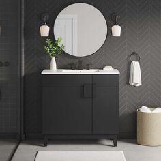 a bathroom with a mirror, sink and rug