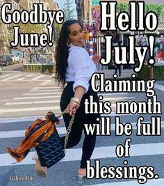 a woman walking across a street holding onto a handbag with the caption goodbye june